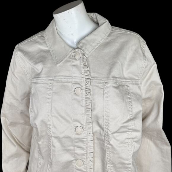 Belle by Kim Gravel Stretch Denim Femme Flutter Ruffle Jacket Sand Bar Medium - Picture 2 of 13